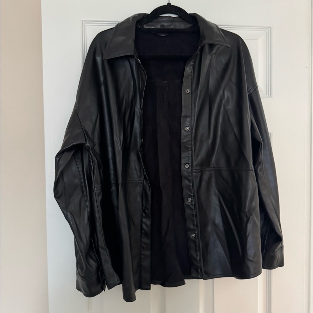 Black Vegan Leather Button-Up Shirt Jacket- Dynamite - Medium